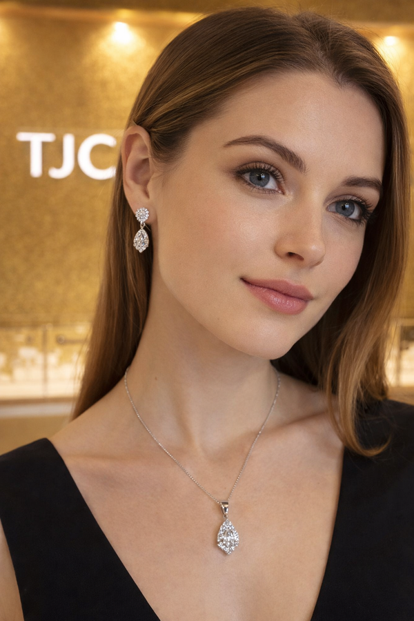 White Zircon Faceted Glass ComboJewelry Set With American Diamond Accents | Premium Quality Earrings ,Ring , Kada And Chain Pendant