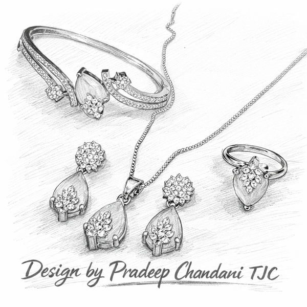 Pink Sapphire InspiredFaceted Glass ComboJewelry Set With American Diamond Accents | Premium Quality Earrings ,Ring , Kada And Chain Pendant