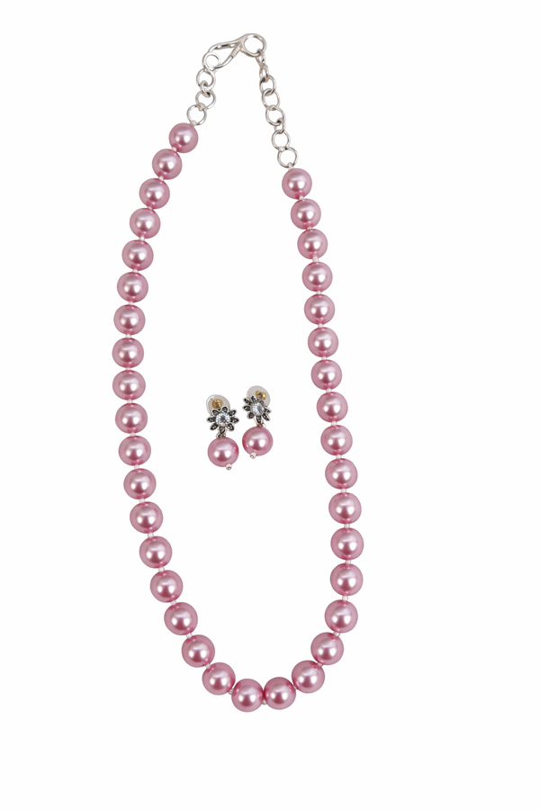 Glass Pearl Soft Rose Pink Color Round Shape Beaded Necklace / MalaWith Brass Metal