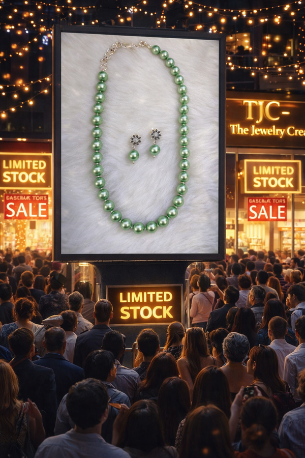 Glass Pearl Pastel Green Color Round Shape Beaded Necklace / MalaWith Brass Metal