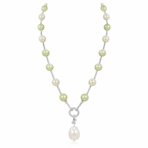 Mother of Pearl Brass Beaded Necklace/ Mala With American Diamond Accent & Statement Piece