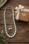 Glass Pearl Mint & Pista Green Color Round Shape Beaded Necklace / MalaWith Brass Metal