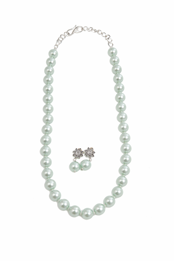 Glass Pearl Mint & Pista Green Color Round Shape Beaded Necklace / MalaWith Brass Metal