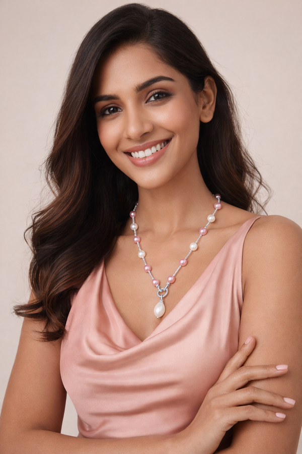 Mother of Pearl Brass Beaded Necklace/ Mala With American Diamond Accent & Statement Piece