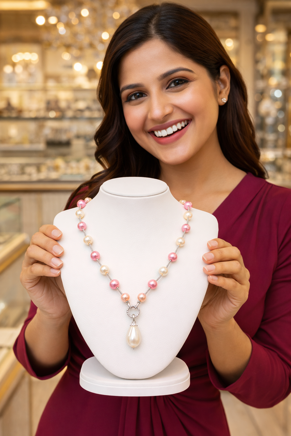 Mother of Pearl Brass Beaded Necklace/ Mala With American Diamond Accent & Statement Piece