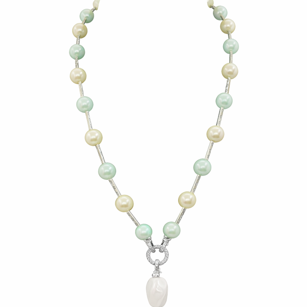 Mother of Pearl Brass Beaded Necklace/ Mala With American Diamond Accent & Statement Piece