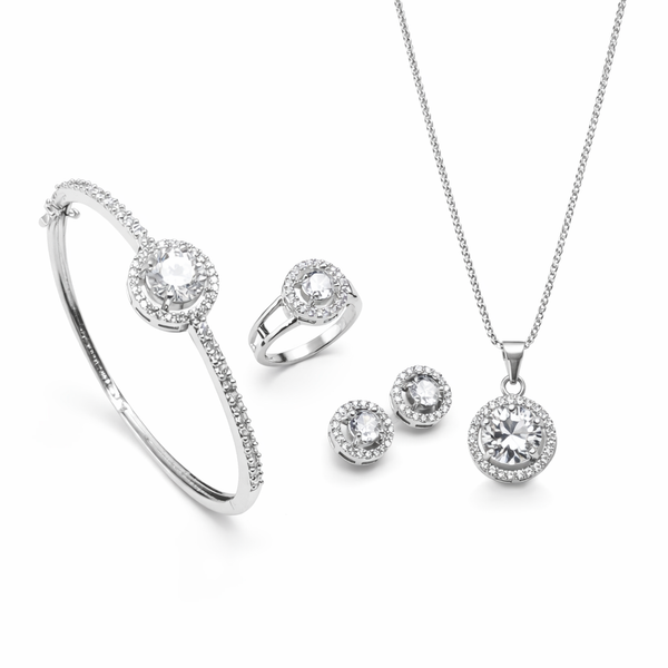 American Diamond Based Silver Inspired - Combo Jewelry Set – Pendant Locket, Earrings, Rings & Bracelet