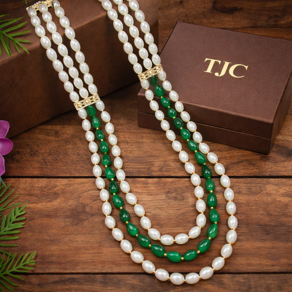 Green Emerald–Inspired Synthetic Pearl Premium Quality Designer Necklace (3-Layer Mala)