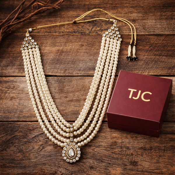 Glass Pearl Groom Beaded Necklace (5 Layer Mala) With Gold Antique Plating & Luxurious Beaded Necklace