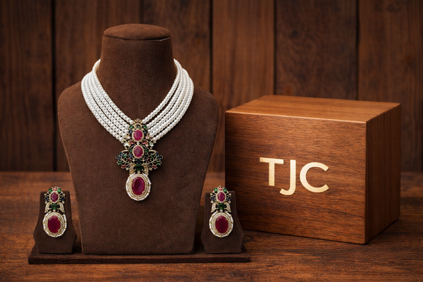 Ruby Inspired Multi-Color Sapphire Glass Brass Pearl Necklace Set – Antique Gold Finish & Sparkle , Elegant Necklace