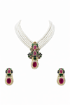Ruby Inspired Multi-Color Sapphire Glass Brass Pearl Necklace Set – Antique Gold Finish & Sparkle , Elegant Necklace