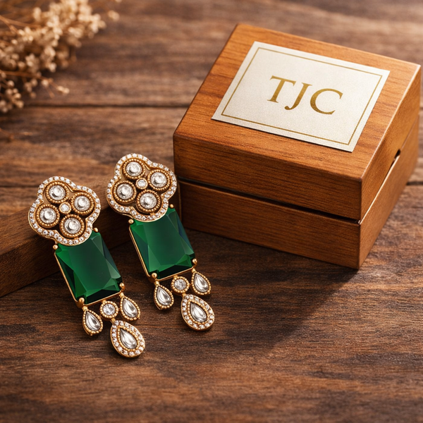 Traditional Long Tops Earrings in Green Emerald with Premium Quality & 14K Antique Gold Plated Earrings