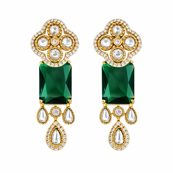 Traditional Long Tops Earrings in Green Emerald with Premium Quality & 14K Antique Gold Plated Earrings