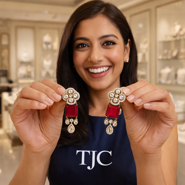 Traditional Long Tops Earrings in Ruby Red with Premium Quality & 14K Antique Gold Plated Earrings