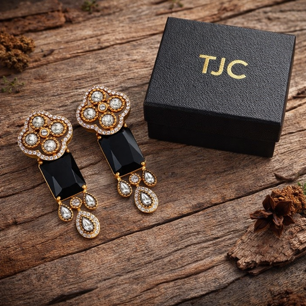 Traditional Long Tops Earrings in Black Onyx with Premium Quality & 14K Antique Gold Plated Earrings