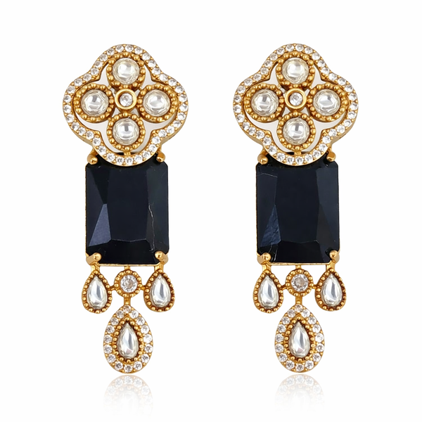 Traditional Long Tops Earrings in Black Onyx with Premium Quality & 14K Antique Gold Plated Earrings
