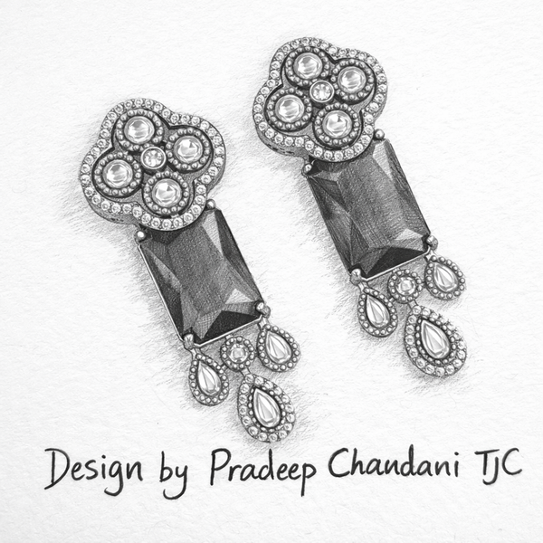 Traditional Long Tops Earrings in Blue Sapphire with Premium Quality & 14K Antique Gold Plated Earrings