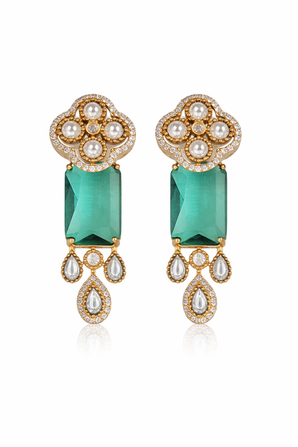 Traditional Long Tops Earrings in MalaChite with Premium Quality & 14K Antique Gold Plated Earrings