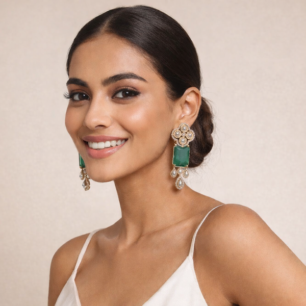 Traditional Long Tops Earrings in MalaChite with Premium Quality & 14K Antique Gold Plated Earrings