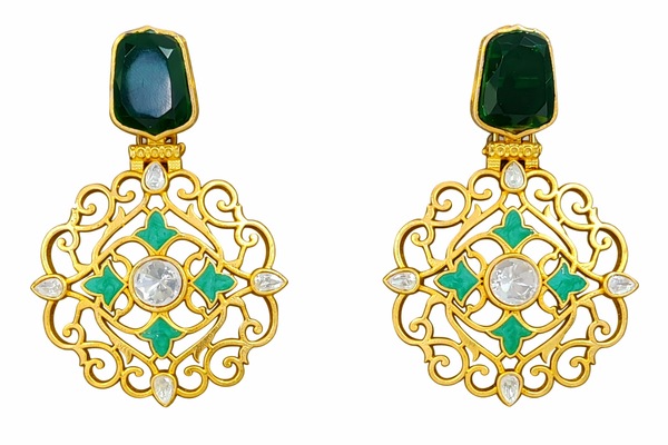 Traditional Green Onyx Dangler Partywear Premium Quality Earrings in Gold Plated