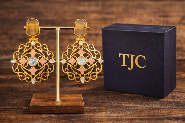 Traditional Yellow Sapphire Dangler Partywear Premium Quality Earrings in Gold Plated