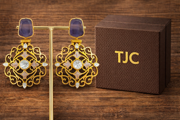 Traditional Purple Quartz Dangler Partywear Premium Quality Earrings in Gold Plated