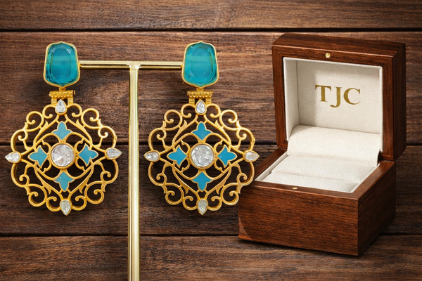 Traditional Aqua Blue Dangler Partywear Premium Quality Earrings in Gold Plated