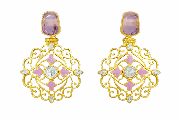 Traditional Lavender Purple Dangler Partywear Premium Quality Earrings in Gold Plated