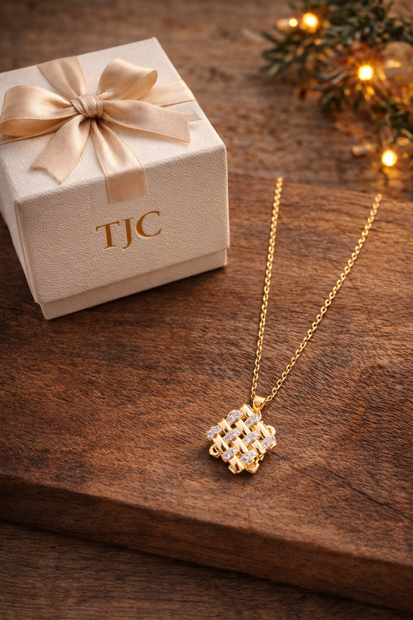 Anti - Tarnish Golden Sparkle Lattice Square Premium Chain Pendant with Gold Plated