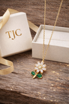 Premium Anti-Tarnish AD Chain Pendant Locket Set inFlower Shape With White & Green Sparkle
