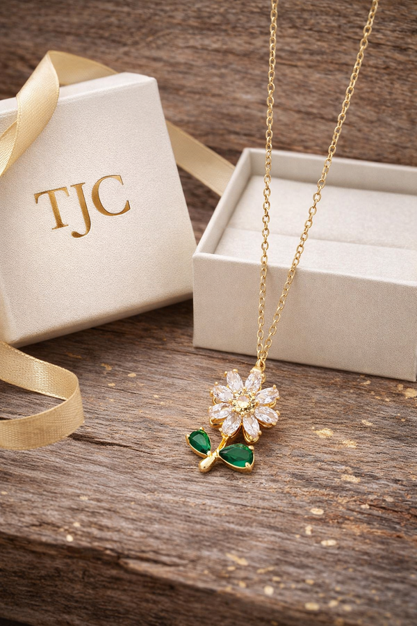 Premium Anti-Tarnish AD Chain Pendant Locket Set inFlower Shape With White & Green Sparkle