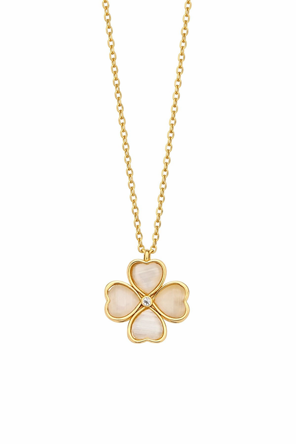 Anti - Tarnish Golden Floral Heart Clover Rose Quartz Charm Premium Chain Pendant in Gold Plated