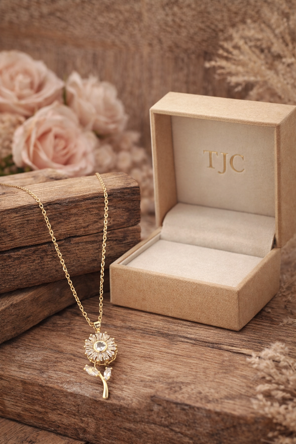 Anti - Tarnish Golden Sunflower Sparkle Stem Premium Chain Pendant with Gold Plated & Trendy Chain Pendant