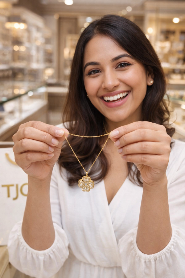 Anti - Tarnish Gold Plated Floral Crystal Premium Quality Chain Pendant in Four Heart Floral Shape