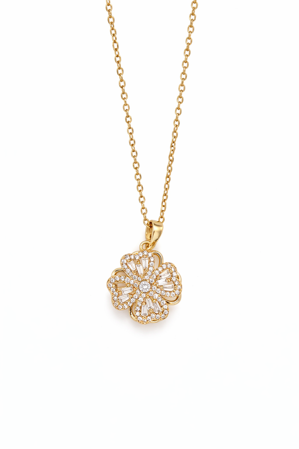 Anti - Tarnish Gold Plated Floral Crystal Premium Quality Chain Pendant in Four Heart Floral Shape