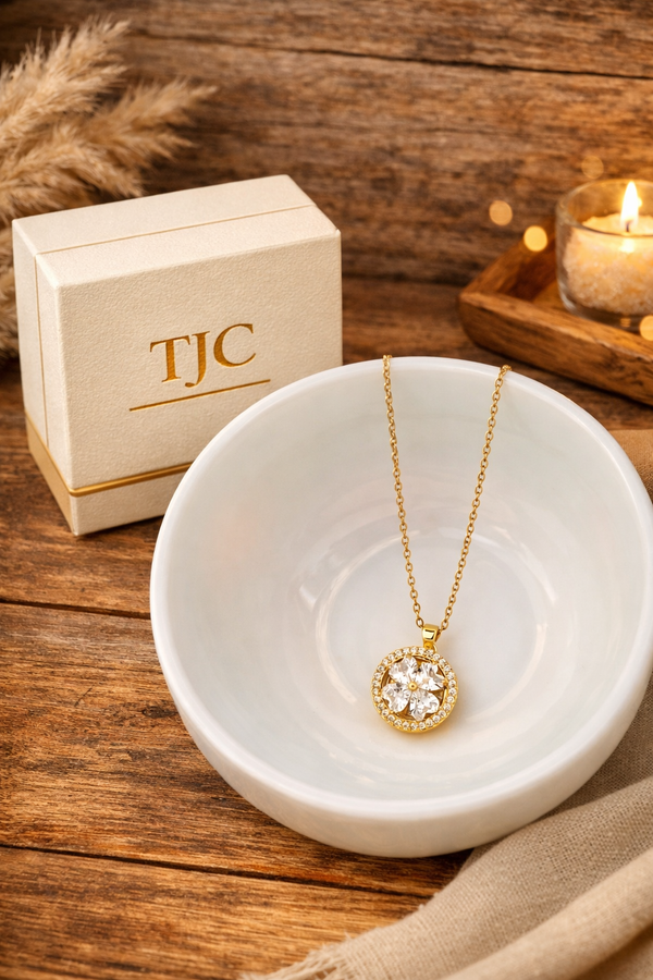 Anti - Tarnish Gold Plated Round Coin Shape Floral Premium Chain Pendantwith Cubic Zirconia Stones