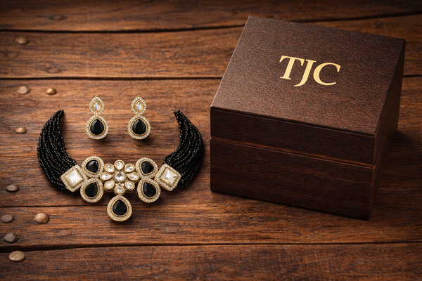 Black Tourmaline Inspired Glass Beads Indian Monalisa Beaded Choker Necklace (7 - Layer Mala) & Bollywood Celebrity Wear Elegant Choker Necklace