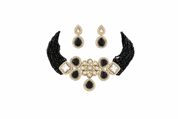 Black Tourmaline Inspired Glass Beads Indian Monalisa Beaded Choker Necklace (7 - Layer Mala) & Bollywood Celebrity Wear Elegant Choker Necklace