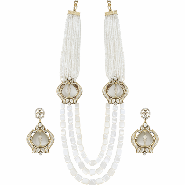 Moonstone Inspired Indian Monalisa Glass Beads Elegant 3-Layer Beaded Necklace & Bollywood Celebrity Wear Premium Necklace