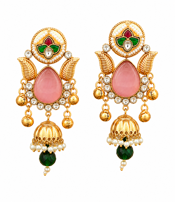 Premium Quality | Artificial Stone | Jhumki Earrings | Pink Color |