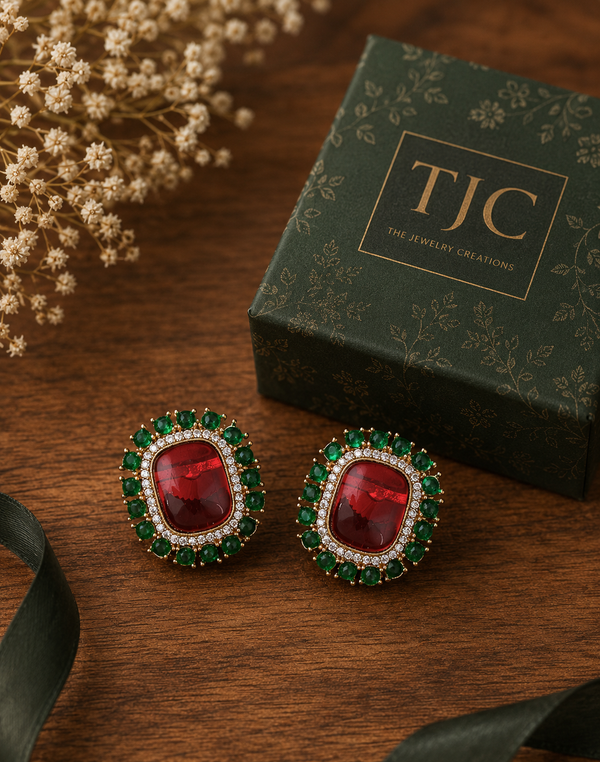 Premium Quality | Studs Earrings | Brass | Red Color |
