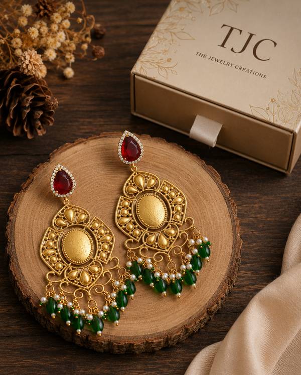 Premium Quality | Red Stone & White Pearls | Dangler Earrings |