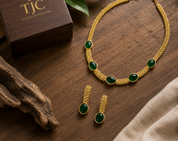 Premium Quality | Monalisa Stone | Chain Choker Set | Green Color|
