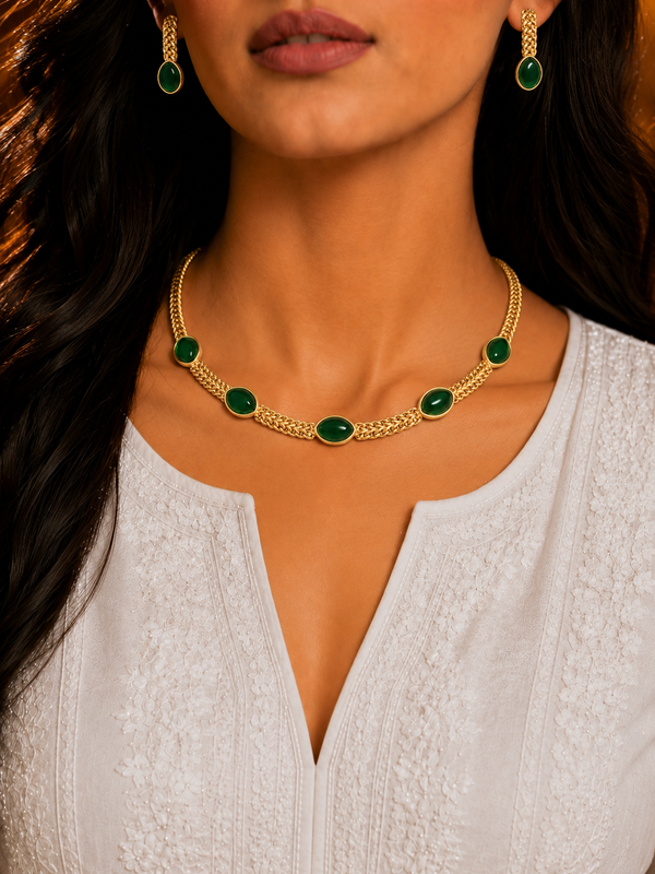 Premium Quality | Monalisa Stone | Chain Choker Set | Green Color|