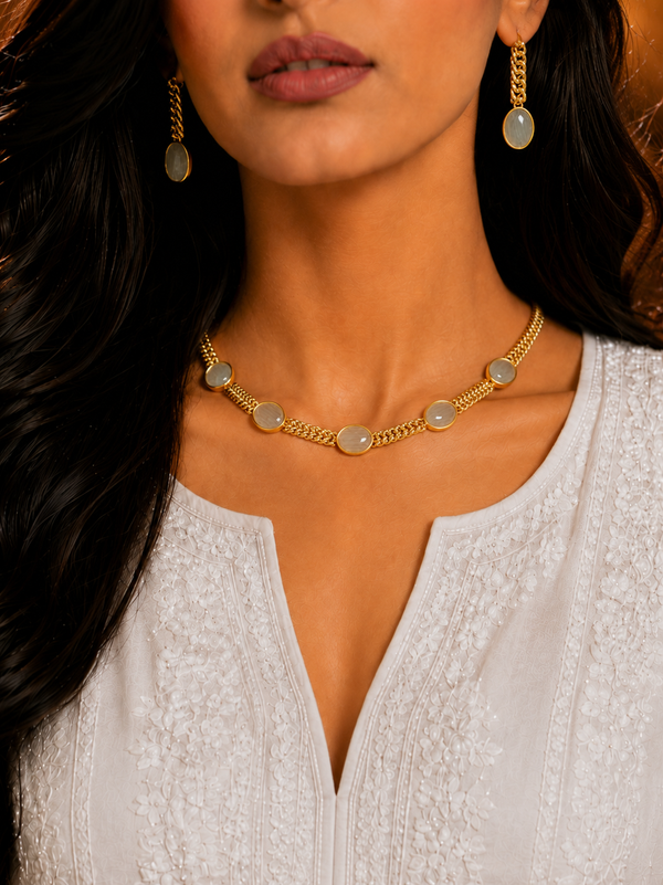 Premium Quality | Monalisa Stone | Chain Choker Set | White Color|