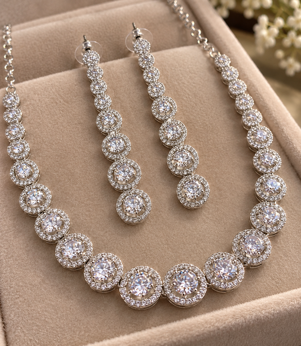 Premium Quality | AD Solitaire Choker Set | Dangler Earrings | White Color |