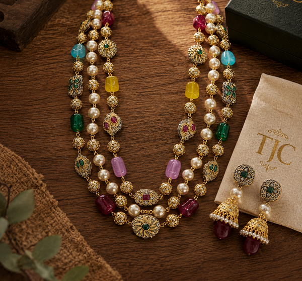 Premium Quality | Tanzor 3 line | Brass Beads Mala | Multi Color | Handmade Jewelry |