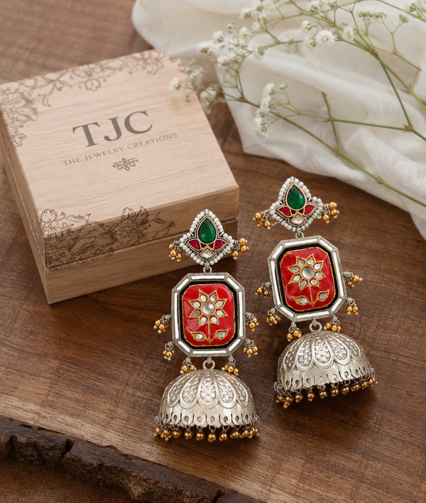 Premium Quality | Silver Plated | Red Color | Jhumka Earrings |