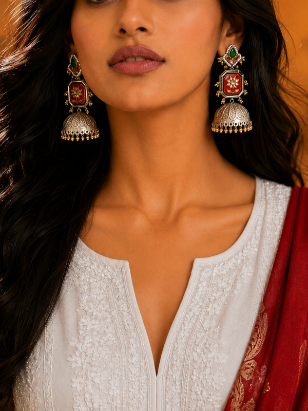 Premium Quality | Silver Plated | Red Color | Jhumka Earrings |