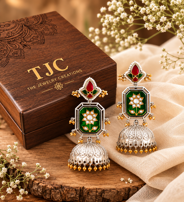 Premium Quality | Silver Plated | Green Color | Jhumka Earrings |
